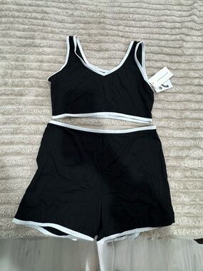 Commense Black Sleep Crop Top and Shorts with White Trim